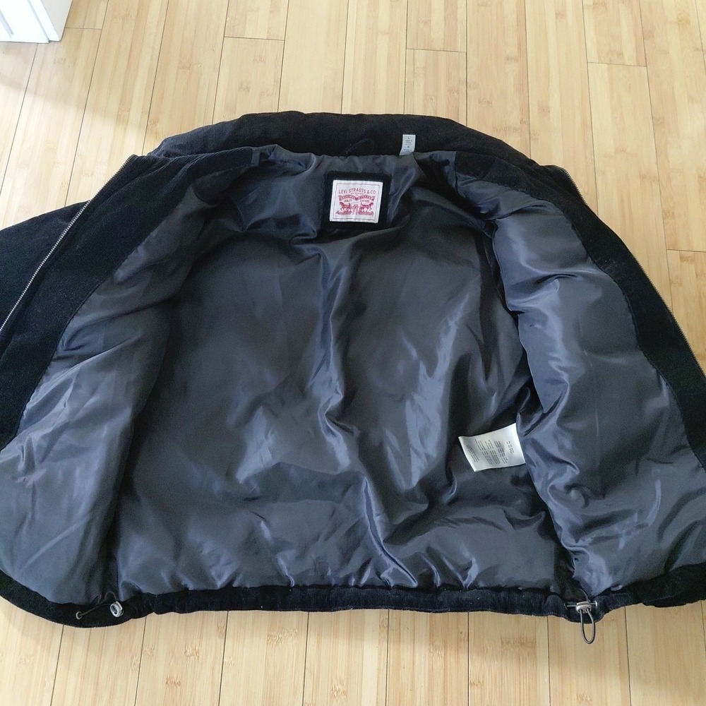 Levis Puffer Corduroy Jacket Vintage LARGE Black Cinch Waist Y2K Academia Preppy - Picture 3 of 12